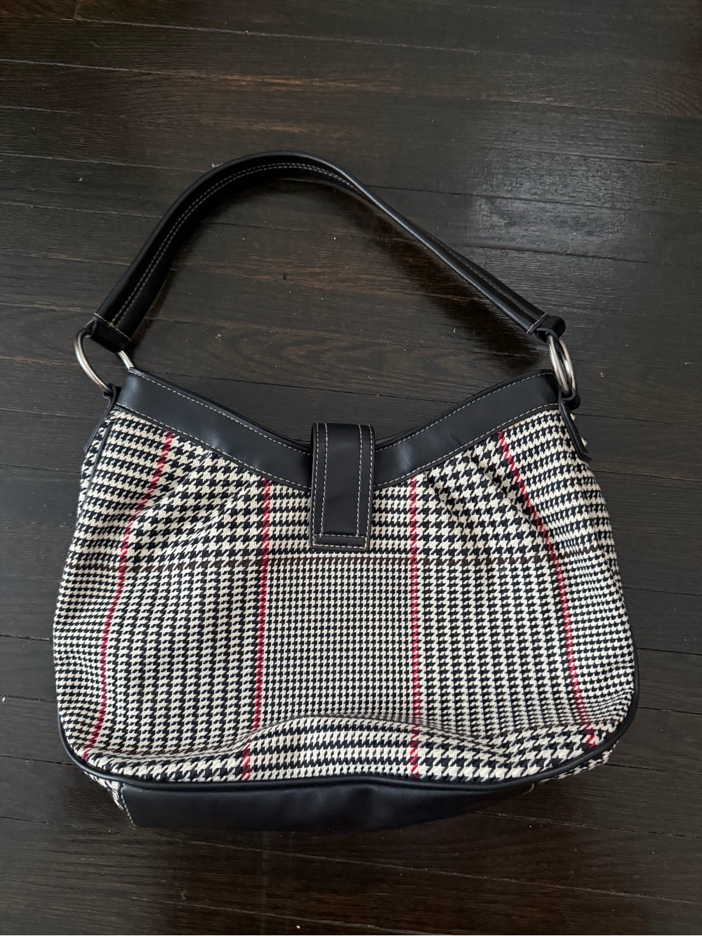 Chaps Black & White Houndstooth Hobo with Red Stripes - Picture 2 of 3